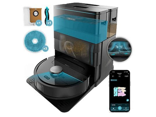 Robot friegasuelos – Cecotec Conga X50, 50 W, 240 min autonomía, Navegación láser, Fregado spin, 15000 Pa, Negro