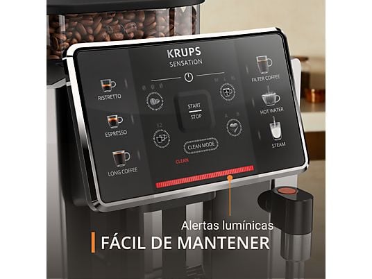 Cafetera superautomática – Krups Sensation C90 EA910E10, 1450 W, 15 bar, 1.7 L, 6 programas, 2 tazas, Barista Inside Technology, Autolimpieza, Plata