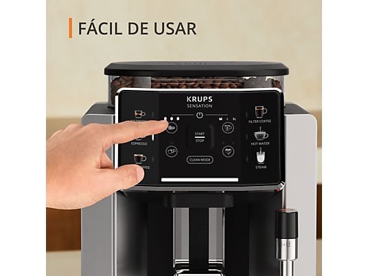 Cafetera superautomática – Krups Sensation C90 EA910E10, 1450 W, 15 bar, 1.7 L, 6 programas, 2 tazas, Barista Inside Technology, Autolimpieza, Plata