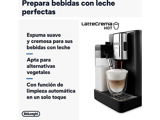 Cafetera superautomática – De’Longhi Rivelia EXAM440.55.B, 1450W, 19bar, Molinillo integrado, LatteCremaHot, Depósito leche, Táctil, 16 recetas, Negro