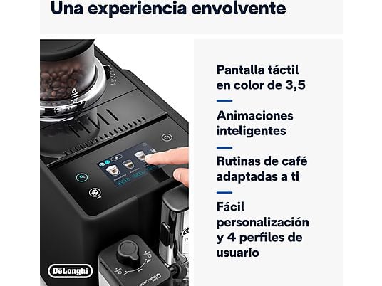 Cafetera superautomática – De’Longhi Rivelia EXAM440.55.B, 1450W, 19bar, Molinillo integrado, LatteCremaHot, Depósito leche, Táctil, 16 recetas, Negro