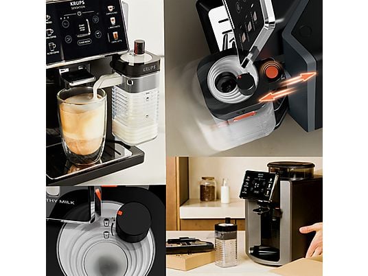 Cafetera superautomática – Krups Sensation Milk EA912B, 15 bar, 1450 W, 1.7 L, 6 modos, 2 tazas, Depósito de leche 0.3 L, Táctil, Gris