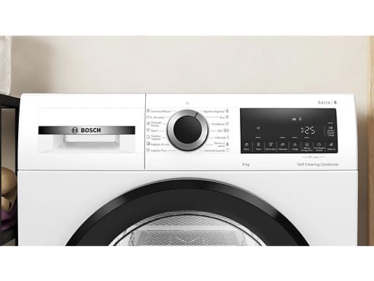 Secadora bomba de calor – Bosch WQG245D0ES, Serie 6, 9 kg, 15 programas, AutoDry, Condensador Autolimpiante, Blanco