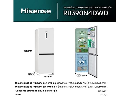 Frigorífico combi – Hisense RB390N4DWD, No Frost, 186 cm, 304 l, Multi Air Flow, Blanco