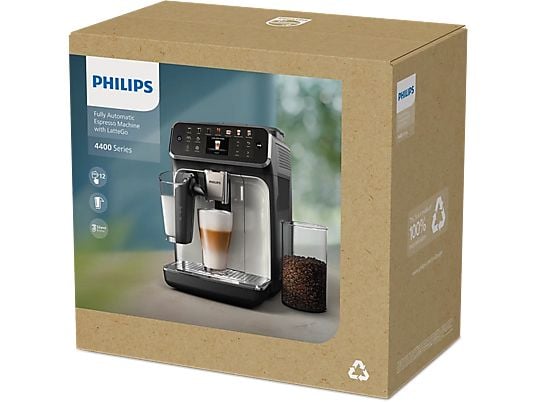 Cafetera superautomática – Philips EP4441/50, LatteGo, Pantalla táctil, 12 ajustes, Función QuickStart, 15 bar, 1500 W, Filtro AquaClean, 1.8 l, Negro