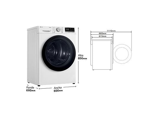 Secadora bomba de calor – LG RH90V9AV3N, 9 kg, 14 programas, Eco Hybrid™, ThinQ™, Blanco