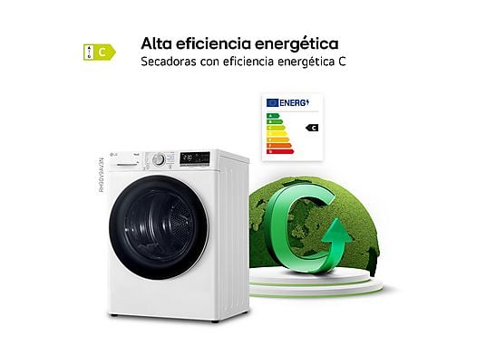 Secadora bomba de calor – LG RH90V9AV3N, 9 kg, 14 programas, Eco Hybrid™, ThinQ™, Blanco