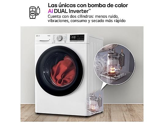 Secadora bomba de calor – LG RH90V9AV3N, 9 kg, 14 programas, Eco Hybrid™, ThinQ™, Blanco
