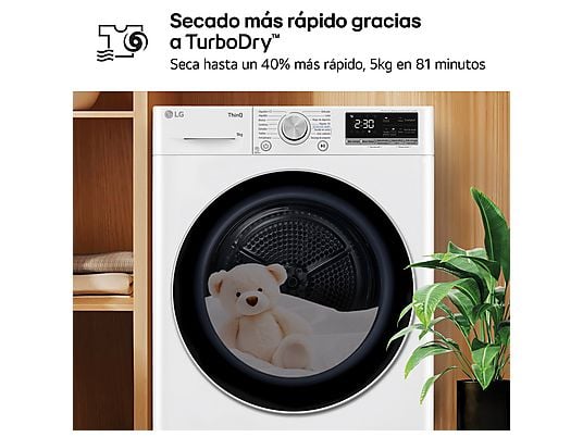 Secadora bomba de calor – LG RH90V9AV3N, 9 kg, 14 programas, Eco Hybrid™, ThinQ™, Blanco