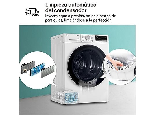 Secadora bomba de calor – LG RH90V9AV3N, 9 kg, 14 programas, Eco Hybrid™, ThinQ™, Blanco