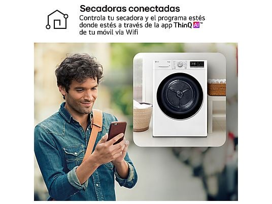Secadora bomba de calor – LG RH90V9AV3N, 9 kg, 14 programas, Eco Hybrid™, ThinQ™, Blanco
