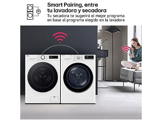Secadora bomba de calor – LG RH90V9AV3N, 9 kg, 14 programas, Eco Hybrid™, ThinQ™, Blanco