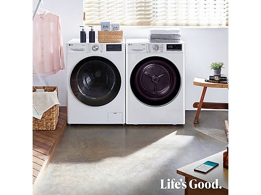 Secadora bomba de calor – LG RH90V9AV3N, 9 kg, 14 programas, Eco Hybrid™, ThinQ™, Blanco