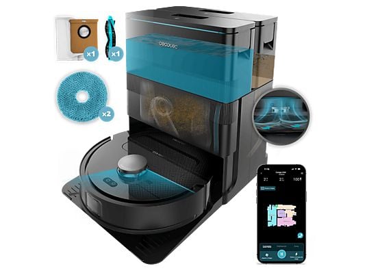 Robot friegasuelos – Cecotec Conga X50, 50 W, 240 min autonomía, Navegación láser, Fregado spin, 15000 Pa, Negro