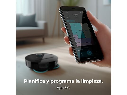 Robot friegasuelos – Cecotec Conga X50, 50 W, 240 min autonomía, Navegación láser, Fregado spin, 15000 Pa, Negro