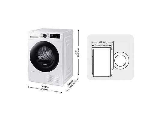 Secadora bomba de calor – Samsung DV90DG52A0AEEC, 9 kg, 14 programas, Hygiene Care, Inteligencia Artificial y SmartThings Clase C, Blanco
