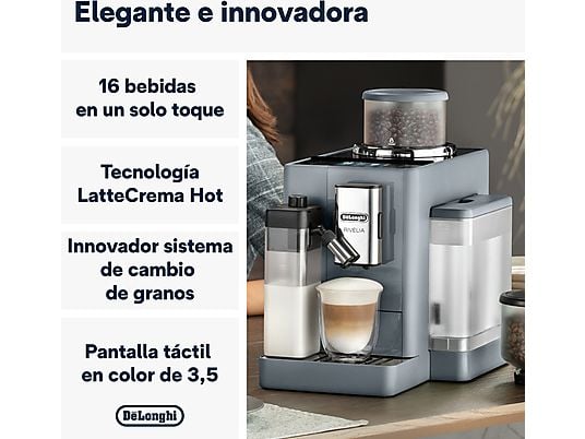 Cafetera superautomática – De’Longhi Rivelia EXAM440.55.G, 1450W, 19 bar, Molinillo integrado, LatteCremaHot, Depósito leche, Táctil, 16 recetas, Gris