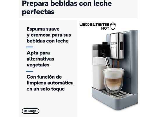 Cafetera superautomática – De’Longhi Rivelia EXAM440.55.G, 1450W, 19 bar, Molinillo integrado, LatteCremaHot, Depósito leche, Táctil, 16 recetas, Gris