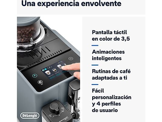 Cafetera superautomática – De’Longhi Rivelia EXAM440.55.G, 1450W, 19 bar, Molinillo integrado, LatteCremaHot, Depósito leche, Táctil, 16 recetas, Gris