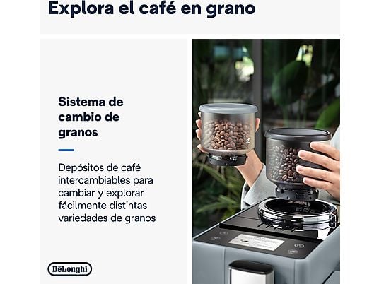 Cafetera superautomática – De’Longhi Rivelia EXAM440.55.G, 1450W, 19 bar, Molinillo integrado, LatteCremaHot, Depósito leche, Táctil, 16 recetas, Gris